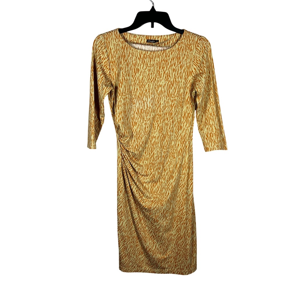 J.McLaughlin Ruched Sheath Dress Womens XS Tan Orange Animal Print 3/4 Sleeve